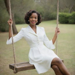 Renee Juliet Clarke Fortune, a lady of sophistication, sitting gracefully on a wooden swing, looking with peaceful serenity.