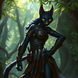 A black tabaxi warrior with sleek fur, wearing a stylish leather bodice and a battle skirt that flows elegantly with her movements