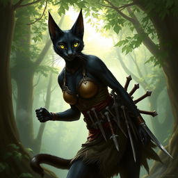 A black tabaxi warrior with sleek fur, wearing a stylish leather bodice and a battle skirt that flows elegantly with her movements