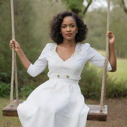 Renee Juliet Clarke Fortune, a lady of sophistication, sitting gracefully on a wooden swing, looking with peaceful serenity.