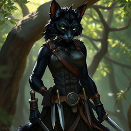 A black tabaxi warrior with sleek fur, wearing a stylish leather bodice and a battle skirt that flows elegantly with her movements