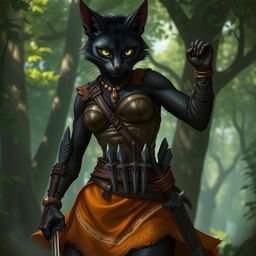 A black tabaxi warrior with sleek fur, wearing a stylish leather bodice and a battle skirt that flows elegantly with her movements