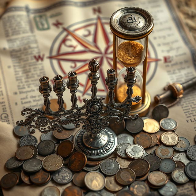 A beautifully detailed scene featuring a vintage menorah made of intricate silver with ornate decorations, surrounded by a variety of ancient coins scattered on an ancient parchment manuscript