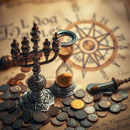 A beautifully detailed scene featuring a vintage menorah made of intricate silver with ornate decorations, surrounded by a variety of ancient coins scattered on an ancient parchment manuscript