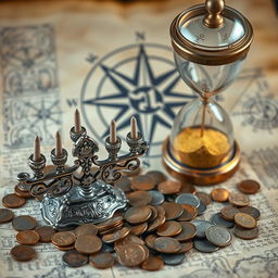 A beautifully detailed scene featuring a vintage menorah made of intricate silver with ornate decorations, surrounded by a variety of ancient coins scattered on an ancient parchment manuscript