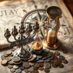 A beautifully detailed scene featuring a vintage menorah made of intricate silver with ornate decorations, surrounded by a variety of ancient coins scattered on an ancient parchment manuscript