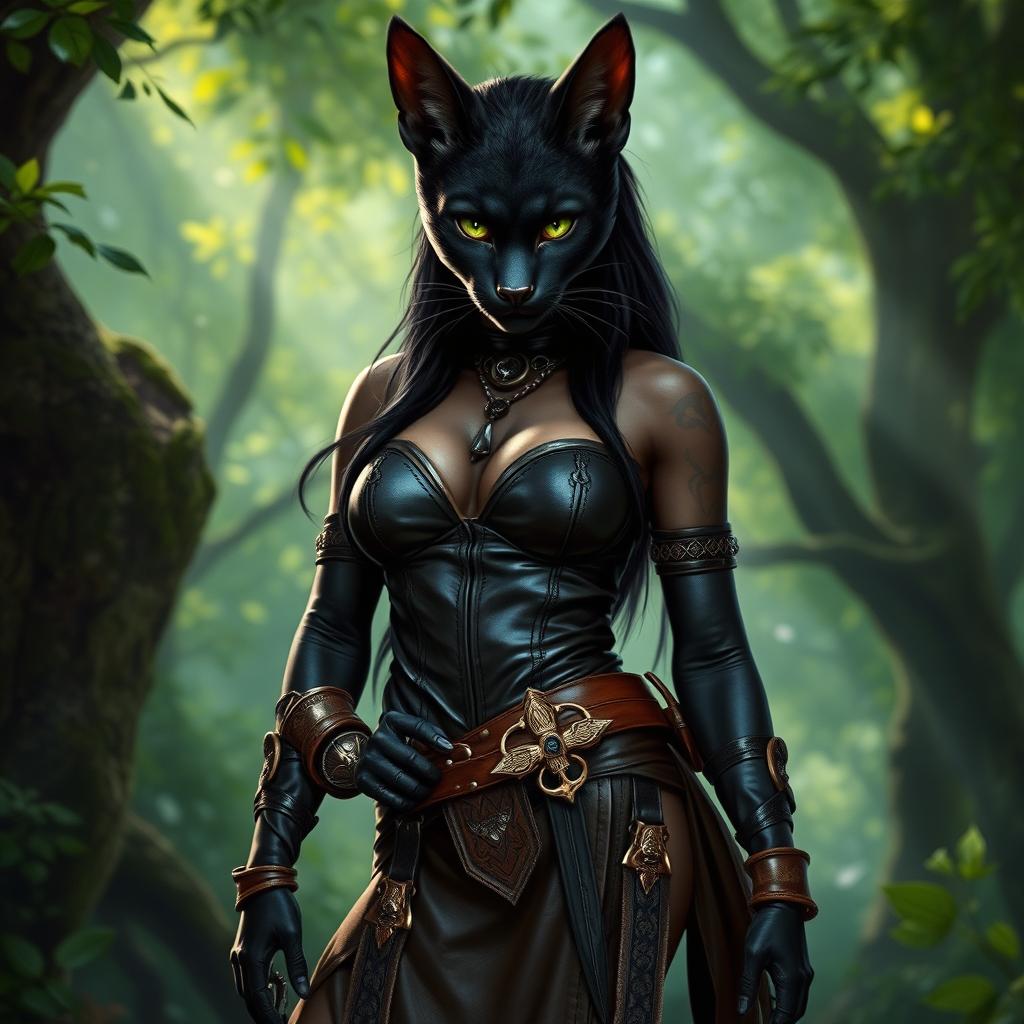 A fierce black tabaxi female, elegantly poised with a striking leather bodice and a rugged battle skirt, exuding an aura of confidence