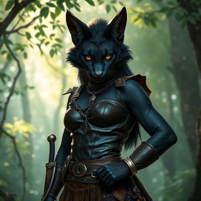 A fierce black tabaxi female, elegantly poised with a striking leather bodice and a rugged battle skirt, exuding an aura of confidence