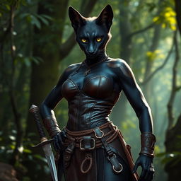 A fierce black tabaxi female, elegantly poised with a striking leather bodice and a rugged battle skirt, exuding an aura of confidence