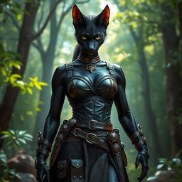 A fierce black tabaxi female, elegantly poised with a striking leather bodice and a rugged battle skirt, exuding an aura of confidence