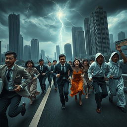 A dramatic and chaotic scene depicting a dystopian version of Jakarta, with tall buildings looming overhead against a dim, stormy sky filled with electrifying lightning