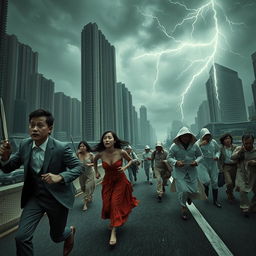 A dramatic and chaotic scene depicting a dystopian version of Jakarta, with tall buildings looming overhead against a dim, stormy sky filled with electrifying lightning