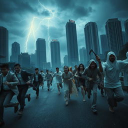 A dramatic and chaotic scene depicting a dystopian version of Jakarta, with tall buildings looming overhead against a dim, stormy sky filled with electrifying lightning