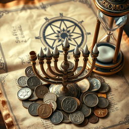 A richly detailed composition featuring an ancient menorah surrounded by coins from various cultures, all set upon a beautifully aged manuscript