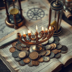 A richly detailed composition featuring an ancient menorah surrounded by coins from various cultures, all set upon a beautifully aged manuscript