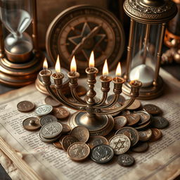 A richly detailed composition featuring an ancient menorah surrounded by coins from various cultures, all set upon a beautifully aged manuscript