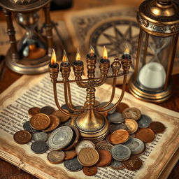 A richly detailed composition featuring an ancient menorah surrounded by coins from various cultures, all set upon a beautifully aged manuscript