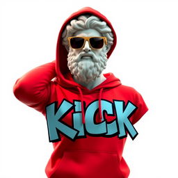 A highly detailed 2D illustration of a Greek statue wearing a vibrant red hoodie, adorned with graffiti that spells out the word "KICK" in bold, edgy letters