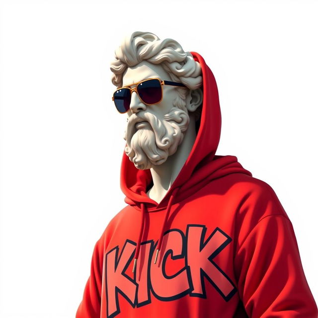 A highly detailed 2D illustration of a Greek statue wearing a vibrant red hoodie, adorned with graffiti that spells out the word "KICK" in bold, edgy letters