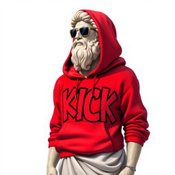 A highly detailed 2D illustration of a Greek statue wearing a vibrant red hoodie, adorned with graffiti that spells out the word "KICK" in bold, edgy letters