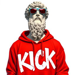 A highly detailed 2D illustration of a Greek statue wearing a vibrant red hoodie, adorned with graffiti that spells out the word "KICK" in bold, edgy letters