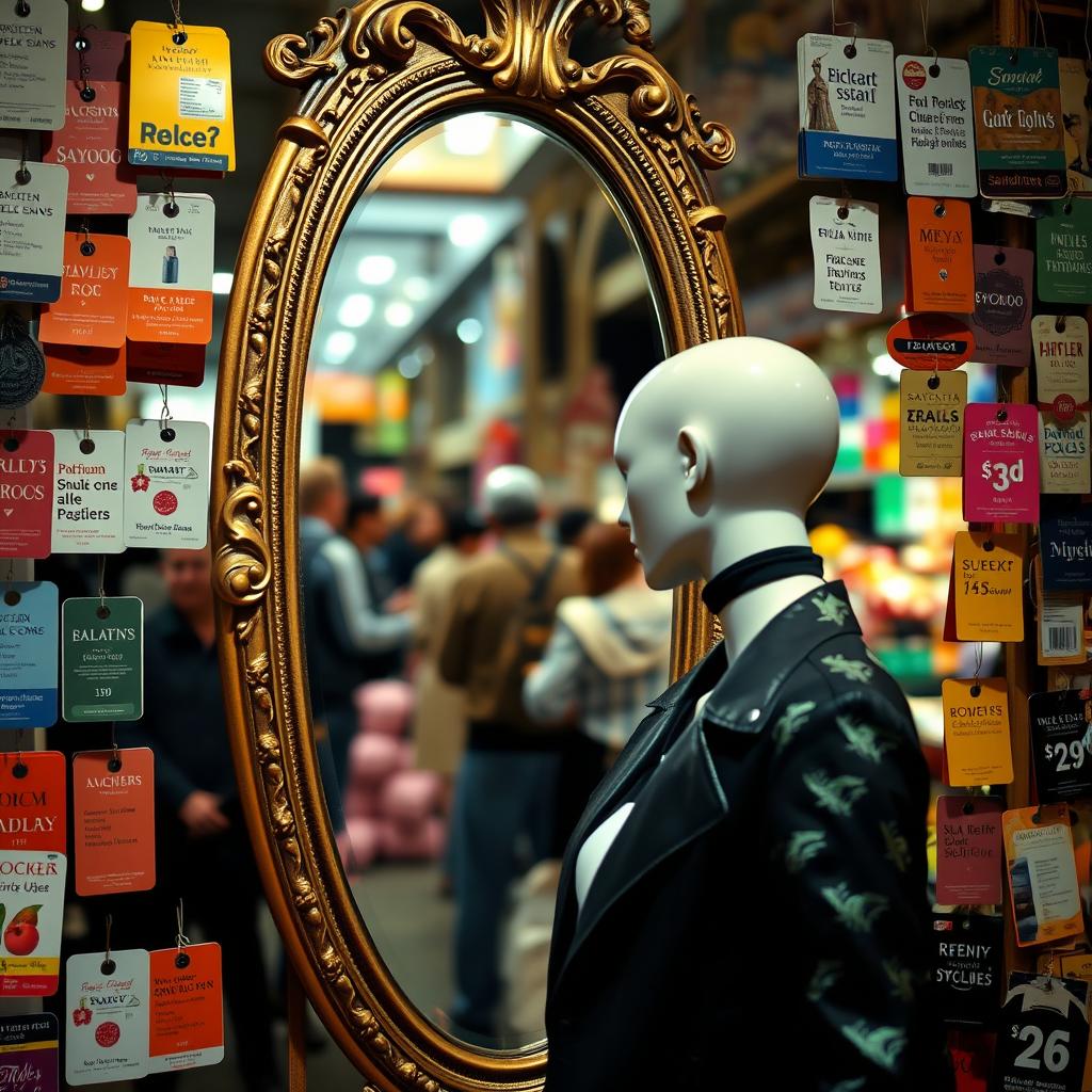 A mannequin gazing into a large, ornate mirror, surrounded by an array of colorful market labels and price tags