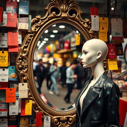 A mannequin gazing into a large, ornate mirror, surrounded by an array of colorful market labels and price tags