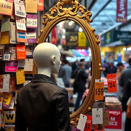 A mannequin gazing into a large, ornate mirror, surrounded by an array of colorful market labels and price tags