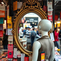 A mannequin gazing into a large, ornate mirror, surrounded by an array of colorful market labels and price tags