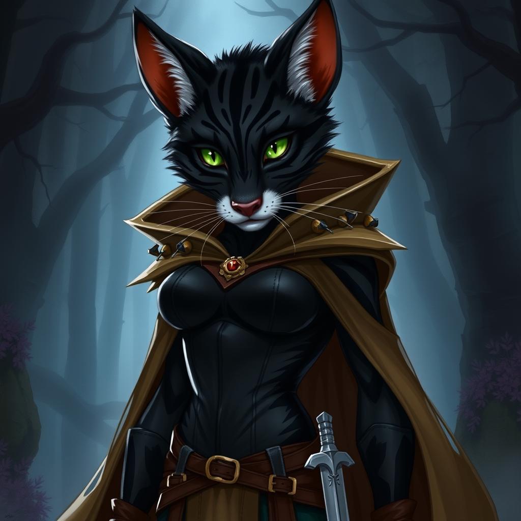 A striking black striped tabaxi character, wearing a form-fitting leather bodice and a flowing cloak