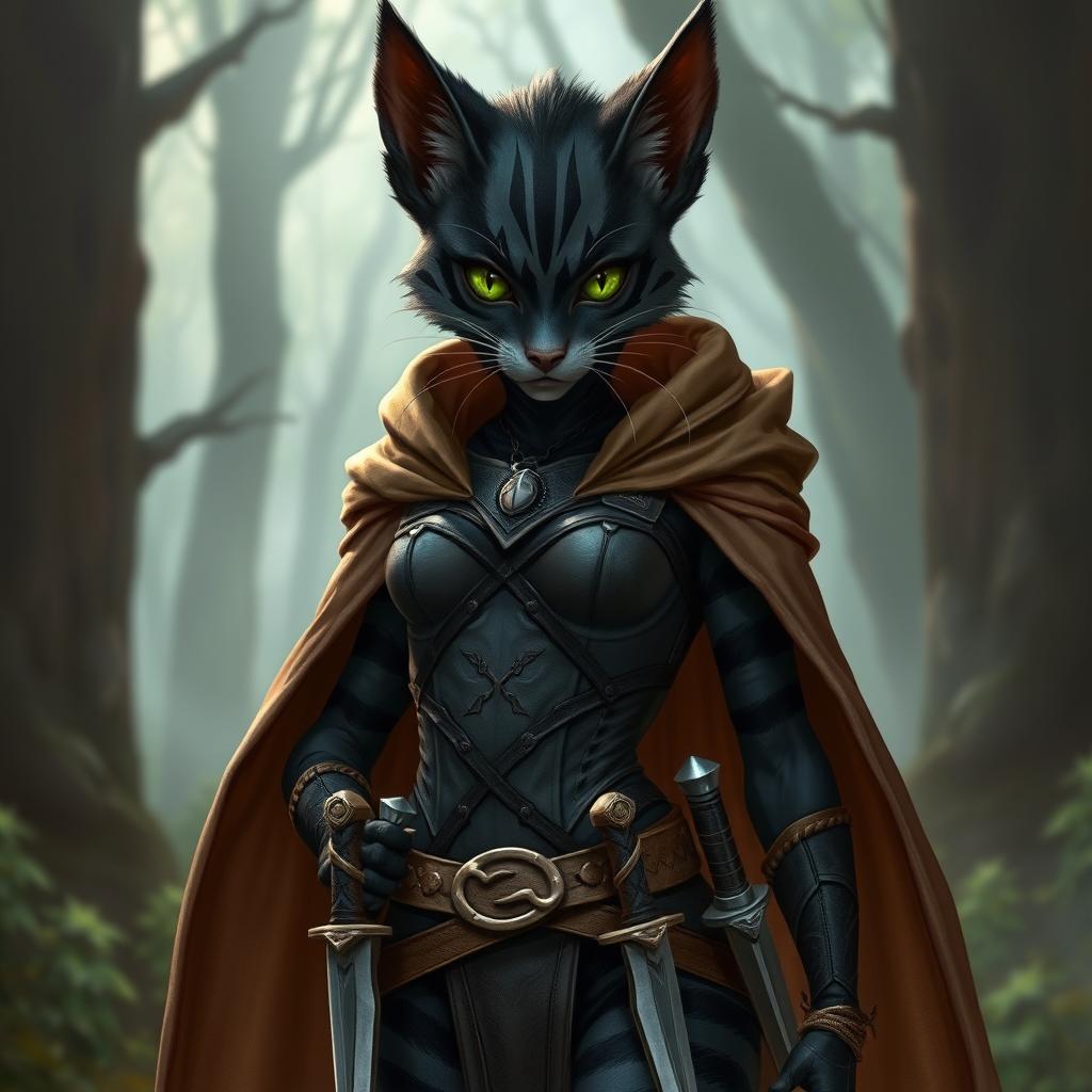 A striking black striped tabaxi character, wearing a form-fitting leather bodice and a flowing cloak