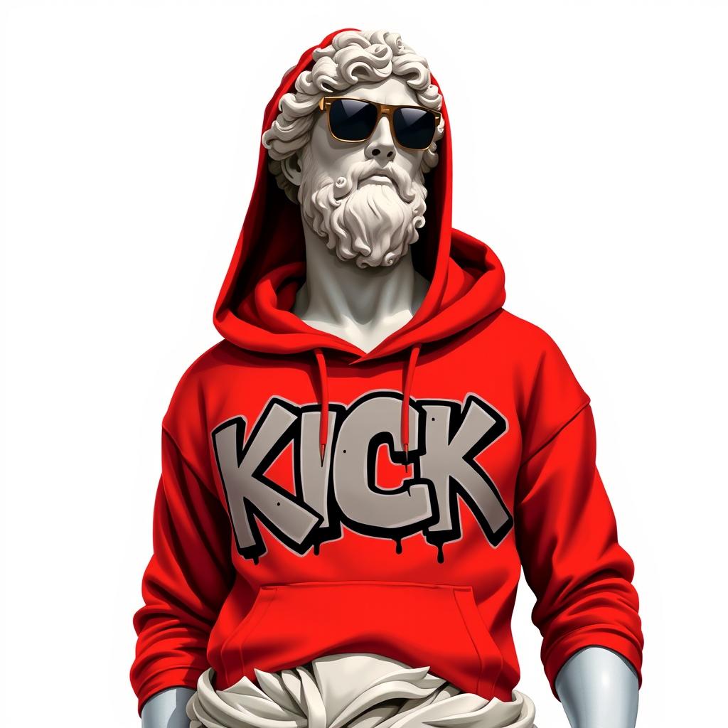 A highly detailed 2D illustration of a Greek statue wearing a vibrant red hoodie, featuring graffiti artwork that displays the word "KICK" in bold, striking letters