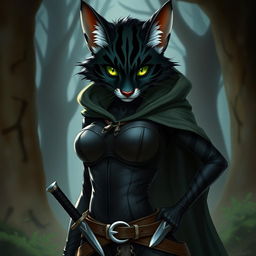 A striking black striped tabaxi character, wearing a form-fitting leather bodice and a flowing cloak