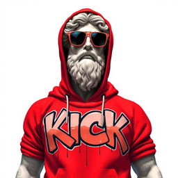 A highly detailed 2D illustration of a Greek statue wearing a vibrant red hoodie, featuring graffiti artwork that displays the word "KICK" in bold, striking letters