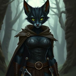 A striking black striped tabaxi character, wearing a form-fitting leather bodice and a flowing cloak