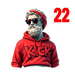 A highly detailed 2D illustration of a Greek statue wearing a vibrant red hoodie, featuring graffiti artwork that displays the word "KICK" in bold, striking letters