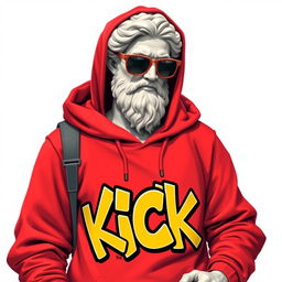 A highly detailed 2D illustration of a Greek statue wearing a vibrant red hoodie, featuring graffiti artwork that displays the word "KICK" in bold, striking letters