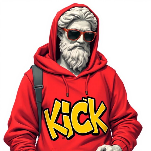 A highly detailed 2D illustration of a Greek statue wearing a vibrant red hoodie, featuring graffiti artwork that displays the word "KICK" in bold, striking letters