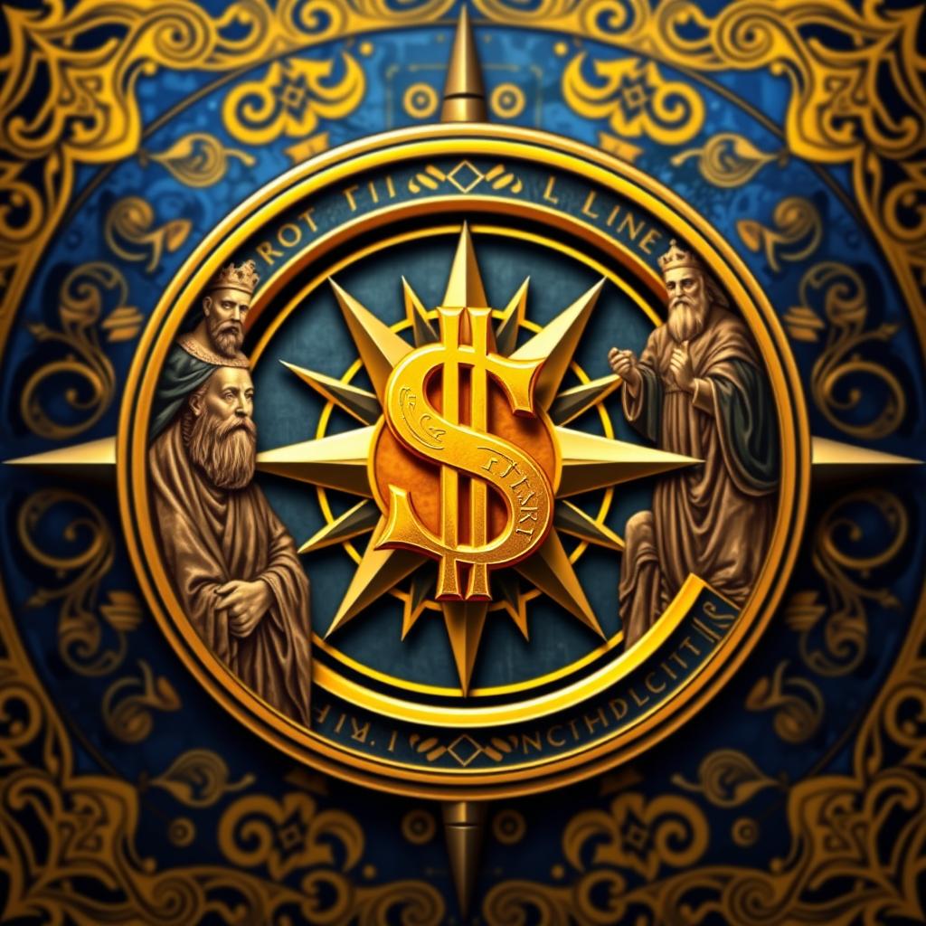 A visually captivating design featuring a golden dollar sign embedded in the center of a traditional compass rose, symbolizing direction and fortune