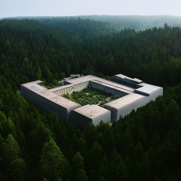 An aerial view of a state-of-the-art maximum-security penitentiary located in the center of a dense forest, surrounded by tall, lush trees.
