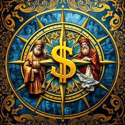 A visually captivating design featuring a golden dollar sign embedded in the center of a traditional compass rose, symbolizing direction and fortune