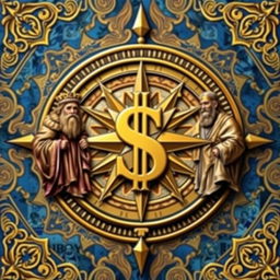 A visually captivating design featuring a golden dollar sign embedded in the center of a traditional compass rose, symbolizing direction and fortune