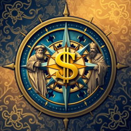 A visually captivating design featuring a golden dollar sign embedded in the center of a traditional compass rose, symbolizing direction and fortune