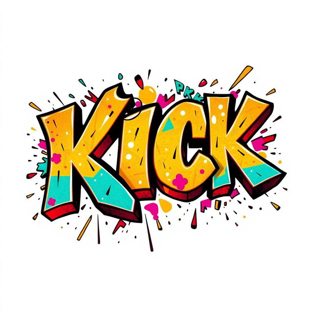 A highly detailed 2D illustration featuring the word "KICK" rendered as bold graffiti letters