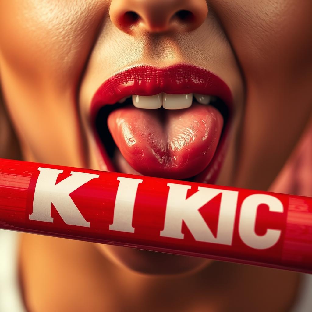 A highly detailed close-up photograph of a woman's mouth playfully licking a red baseball bat