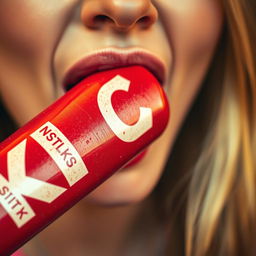 A highly detailed close-up photograph of a woman's mouth playfully licking a red baseball bat