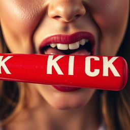 A highly detailed close-up photograph of a woman's mouth playfully licking a red baseball bat