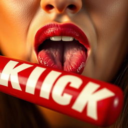 A highly detailed close-up photograph of a woman's mouth playfully licking a red baseball bat