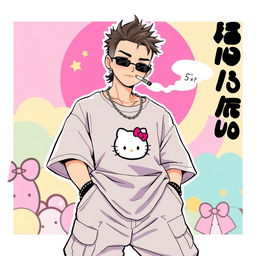 A Sanrio-inspired male character with a stylish look, featuring piercings in his ears and nose, effortlessly exuding a cool vibe