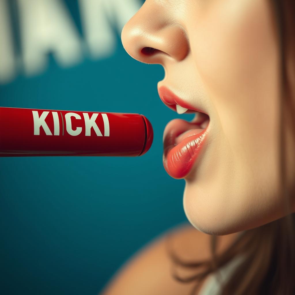 A highly detailed close-up photograph of a woman's mouth facing to the right side, playfully licking a red baseball bat